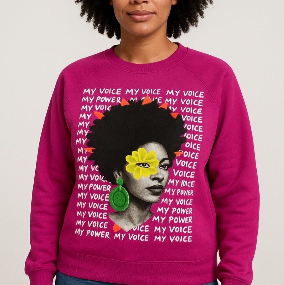 My Voice, My Power Afro Art Sweatshirt‎ – Bold Fuchsia Women's Crewneck/Size M
